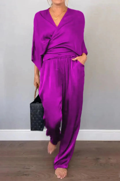 Ensemble Chic Haut Cache-cœur et Pantalon Décontracté Relaxé