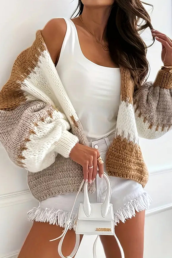 Cardigan Tricoté Décontracté Confortable avec Détail de Couture Contrastante