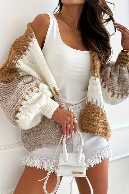 Cardigan Tricoté Décontracté Confortable avec Détail de Couture Contrastante