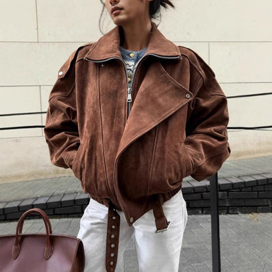 Veste Bomber Oversize Aspect Daim avec Fermeture Éclair Asymétrique