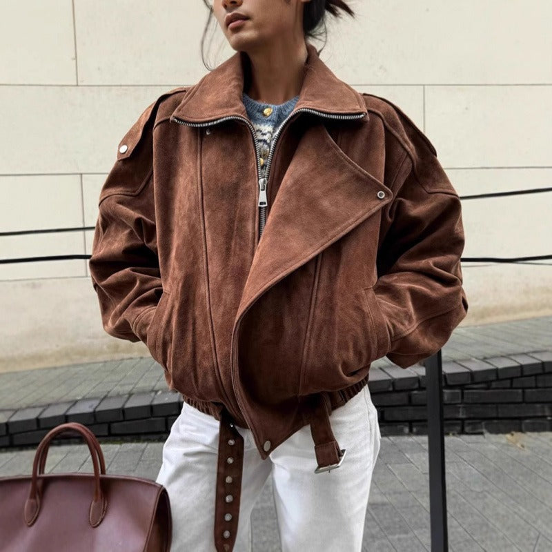 Veste Bomber Oversize Aspect Daim avec Fermeture Éclair Asymétrique