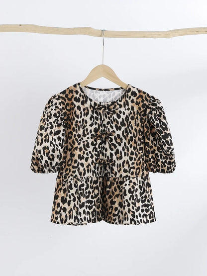 Blouse à manches bouffantes imprimé léopard avec détail nœud