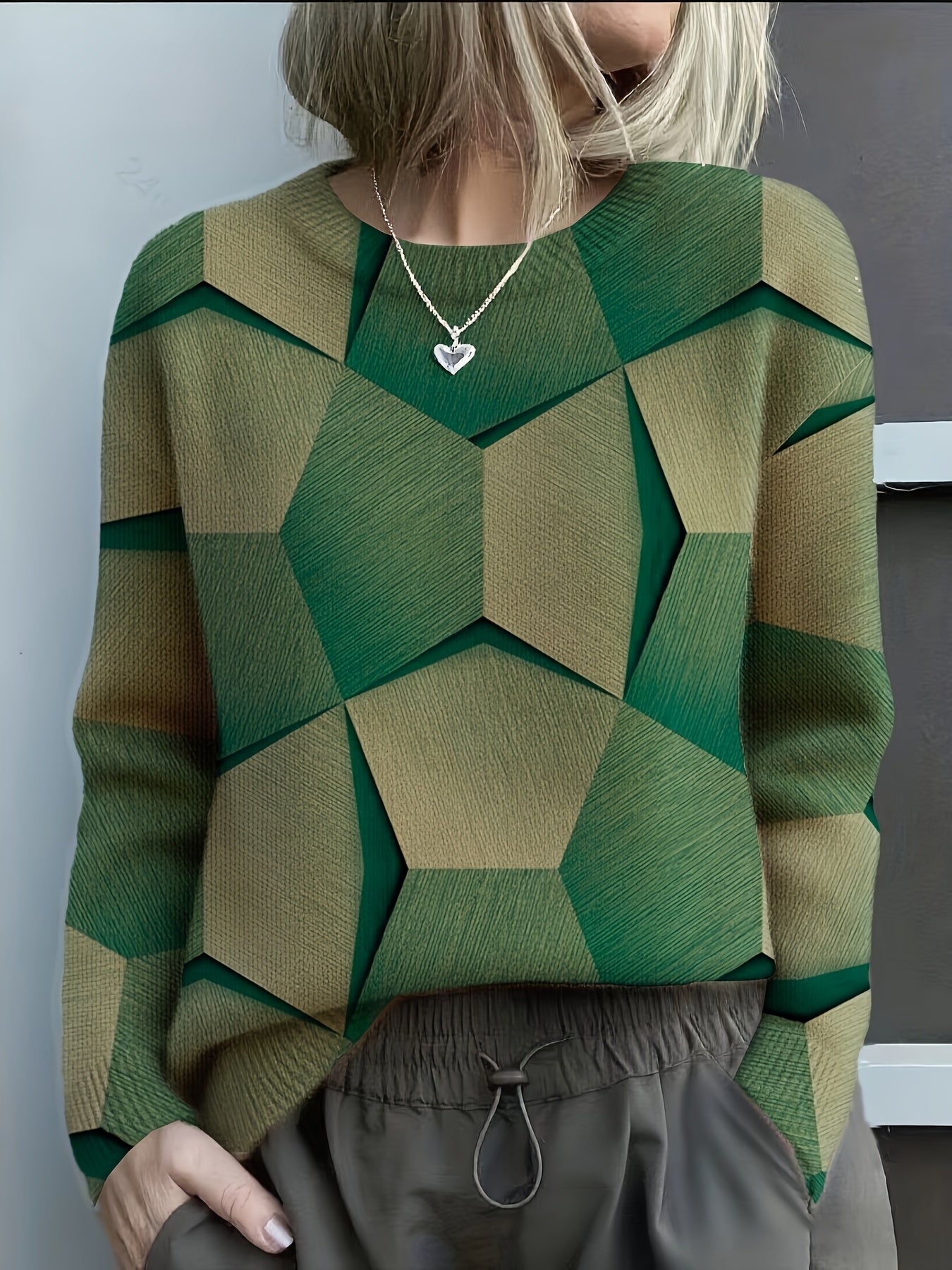 Pull en tricot confortable avec imprimés géométriques 3D audacieux