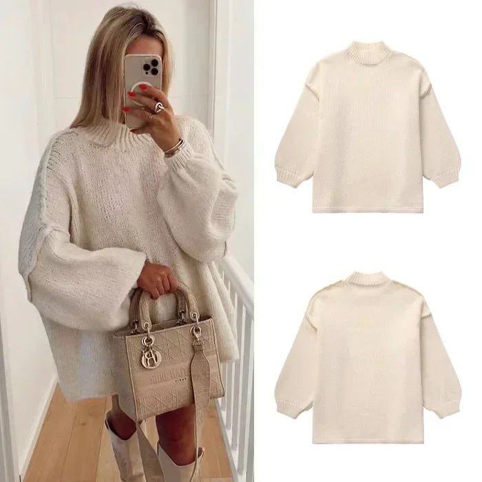 Pull à col roulé en maille douillette avec manches bouffantes tendance