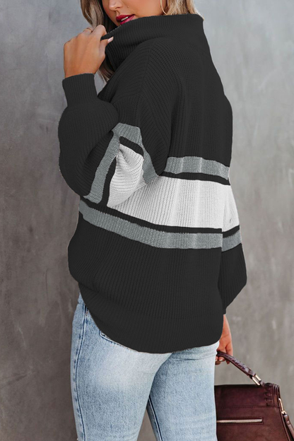 Pull en tricot décontracté à col zippé patchwork douillet