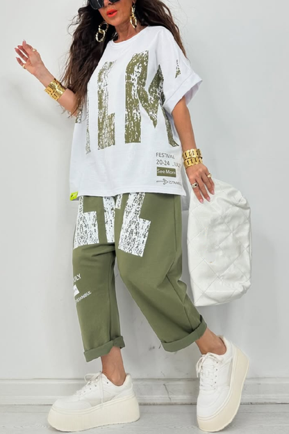 Kirelle™ - Ensemble décontracté femme top imprimé col rond et pantalon