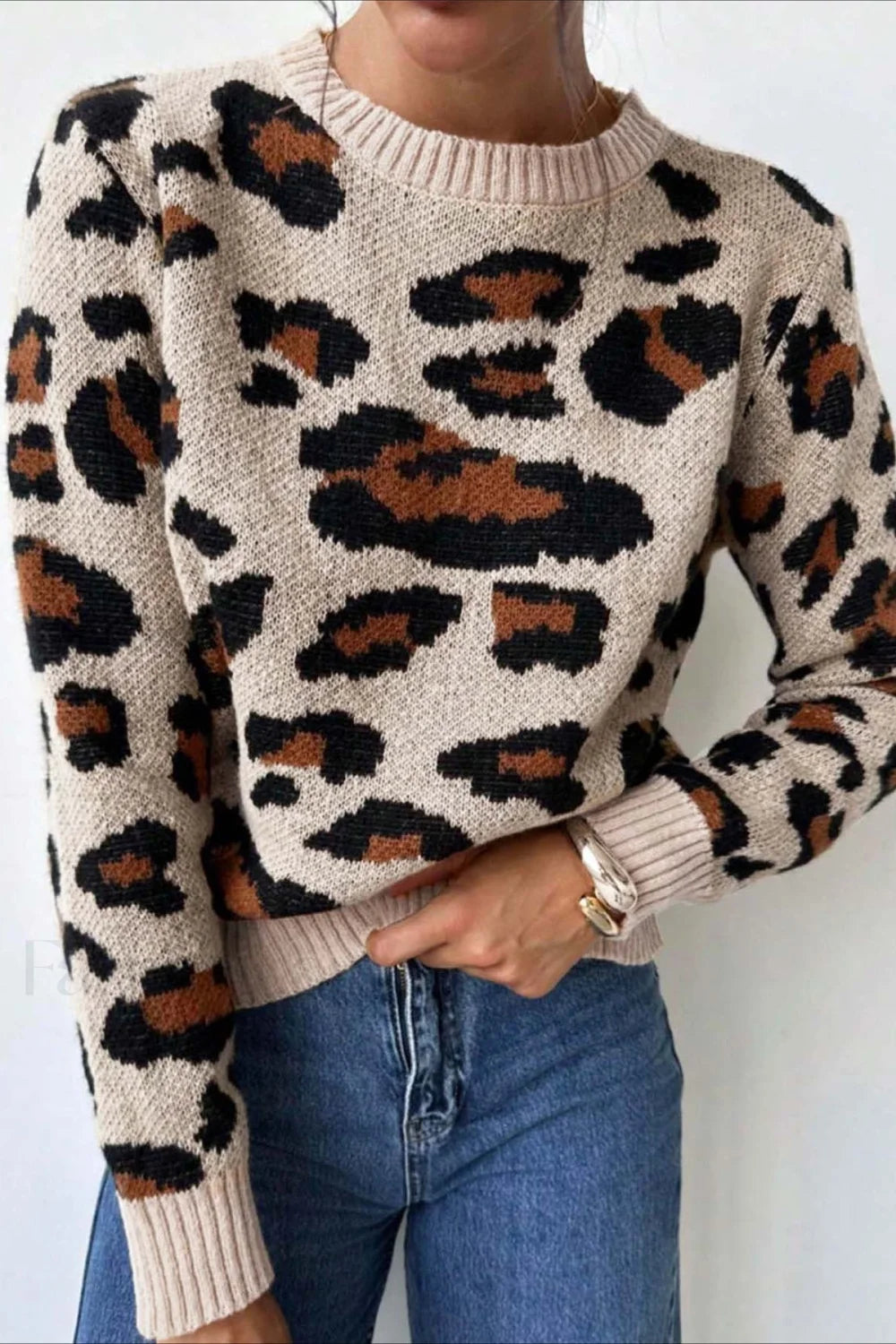 Pull à col rond chic à imprimé léopard bicolore