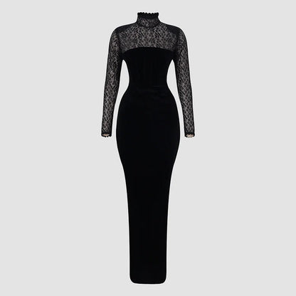 Robe moulante noire à manches longues en velours et dentelle