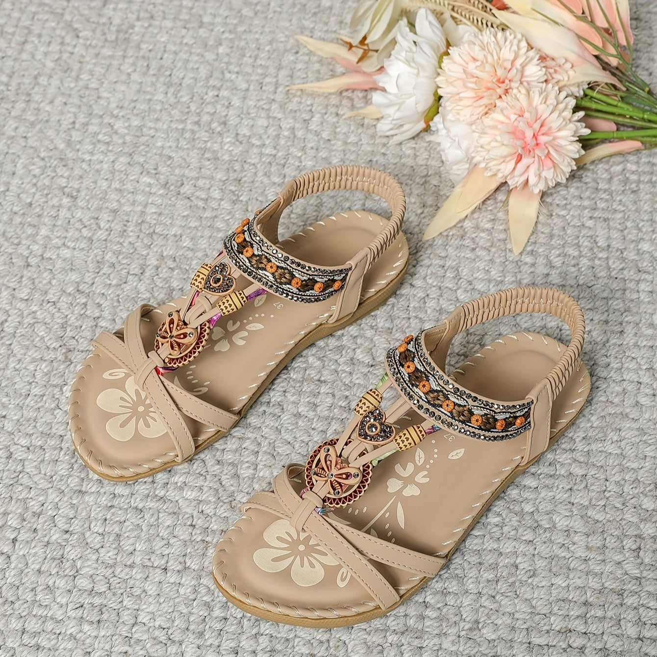 Sandales Plates Femme Confortables En Cuir Perlé