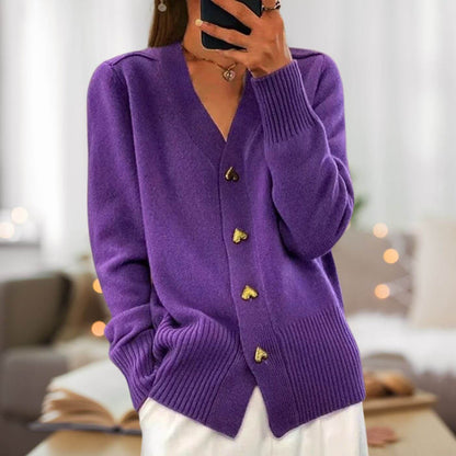 Veste Tricotée Chic avec Boutons en Forme de Cœur