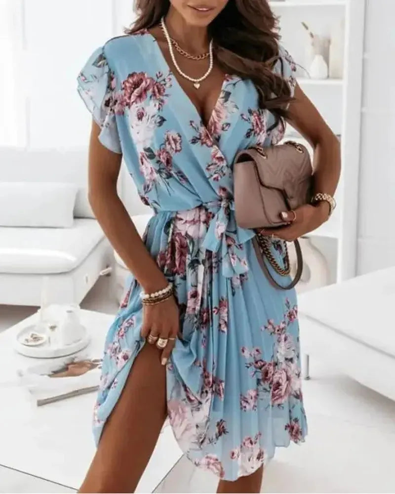 Robe plissée à imprimé floral et ceinture
