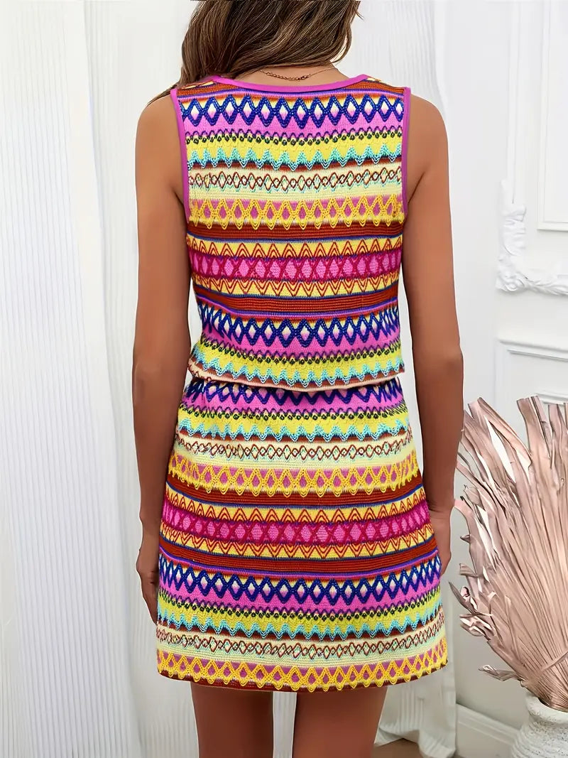 Robe Chic Sans Manches à Motifs Multicolores