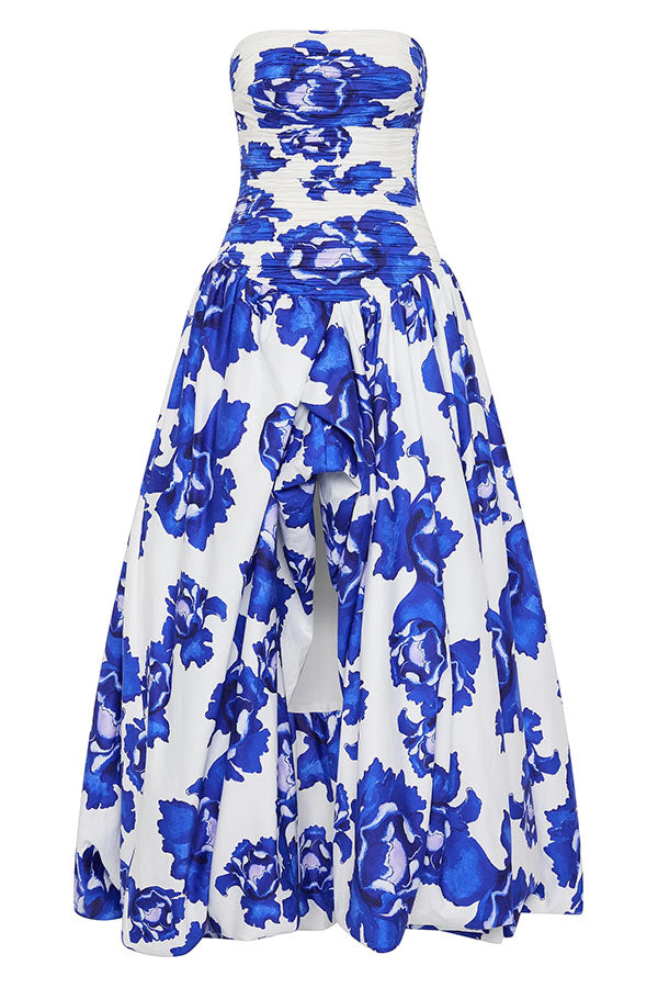 Robe longue fleurie avec encolure Carmen et détails froncés