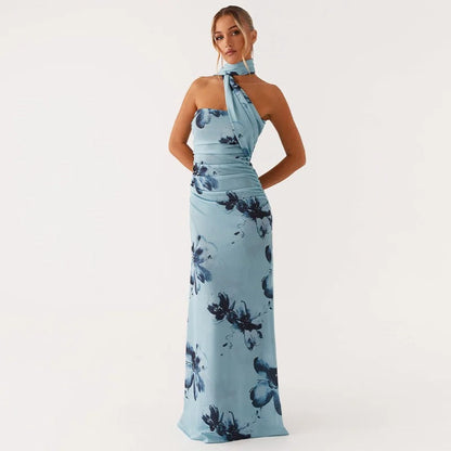 Élodie Lavin® | Robe Longue Asymétrique À Imprimé Fleuri Bleu