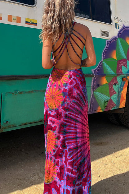 Junaria™ - Robe maxi avec imprimé tie-dye, lacée à l'arrière, extensible (avec soutien-gorge intégré)