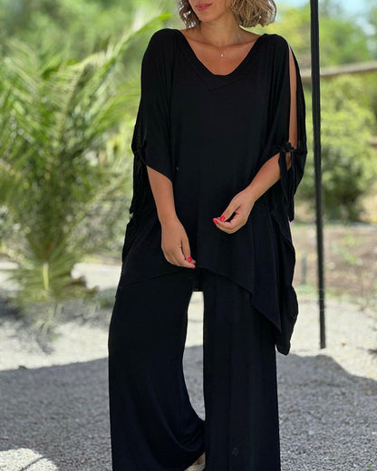 Ginevra™ - Ensemble décontracté deux pièces à décolleté en V et pantalon à jambes larges