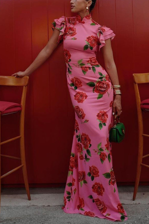 Robe longue cheongsam fleurie avec manches évasées à volants en étages