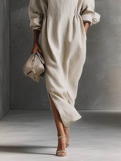 Robe longue beige décontractée en coton avec cordon de serrage