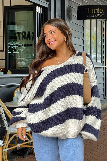 Pull en tricot à rayures, épaules dénudées, confortable pour les superpositions d'automne