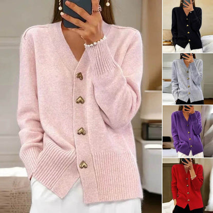 Veste Tricotée Chic avec Boutons en Forme de Cœur