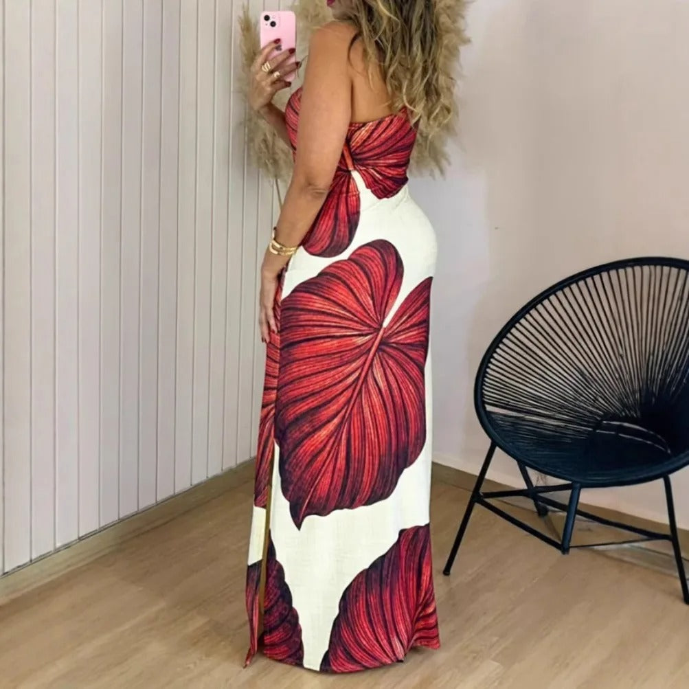 Robe longue élégante à une épaule avec imprimé palmier