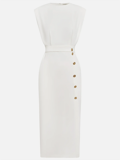 Floralia™ - Robe midi unie avec fente à boutons et décolleté rond