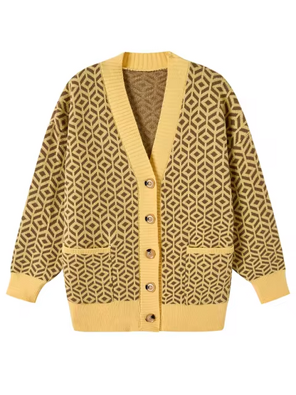 Cardigan Boutonné en Maille Géométrique Confortable
