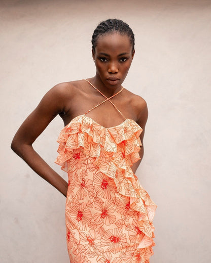 Pauline Laurent® | robe à volants en mousseline de soie avec encolure croisée