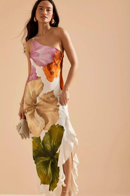 Robe Maxi Fleurie à Une Épaule avec Ourlet Volanté et Bretelles Spaghetti