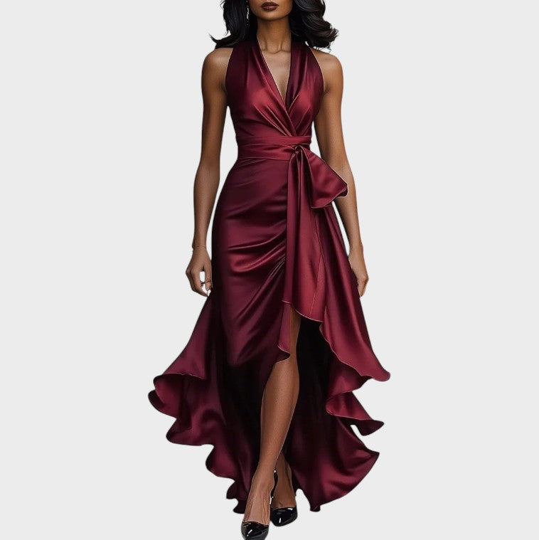 Robe Bustier en Satin Nuit avec Détail à Volants