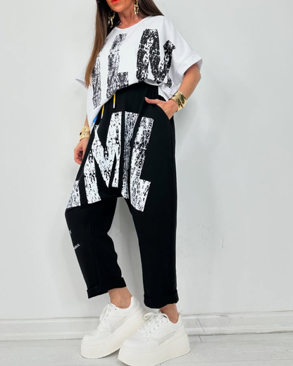 Kirelle™ - Ensemble décontracté femme top imprimé col rond et pantalon
