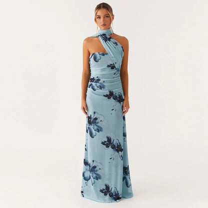 Élodie Lavin® | Robe Longue Asymétrique À Imprimé Fleuri Bleu