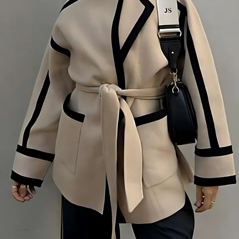 Blazer ceinturé à la taille chic avec détails contrastants pour femmes
