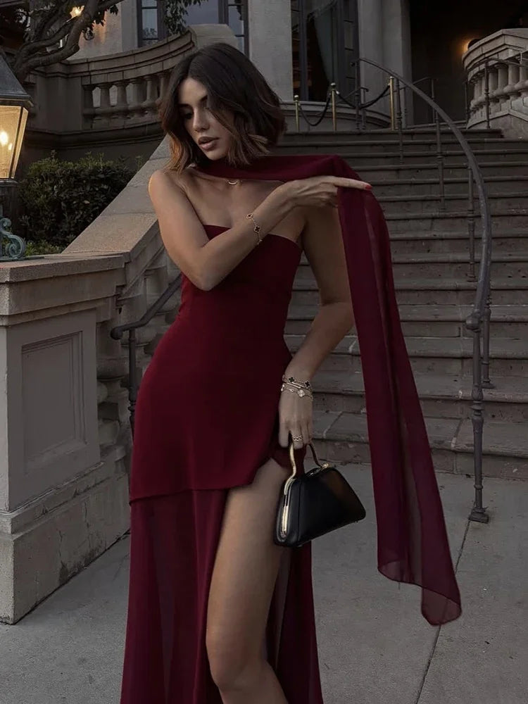Robe longue asymétrique en mousseline pour femme