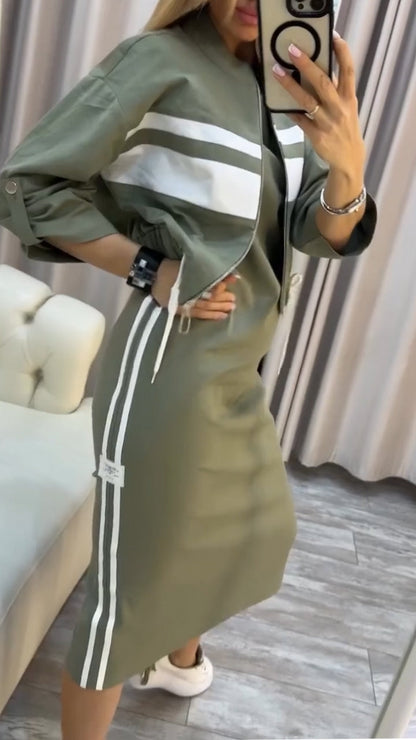 Pravella™ - Ensemble femme casual-chic avec robe midi à col rond et veste zippée