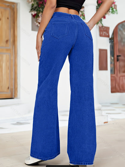 Pantalon Cargo en Denim Taille Haute à Jambe Large avec Poches Surdimensionnées