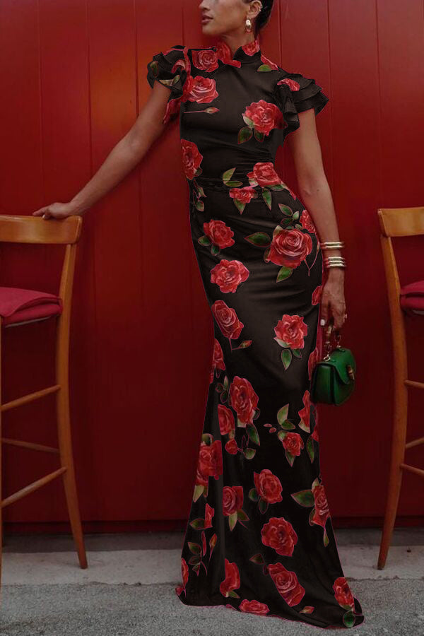 Robe longue cheongsam fleurie avec manches évasées à volants en étages