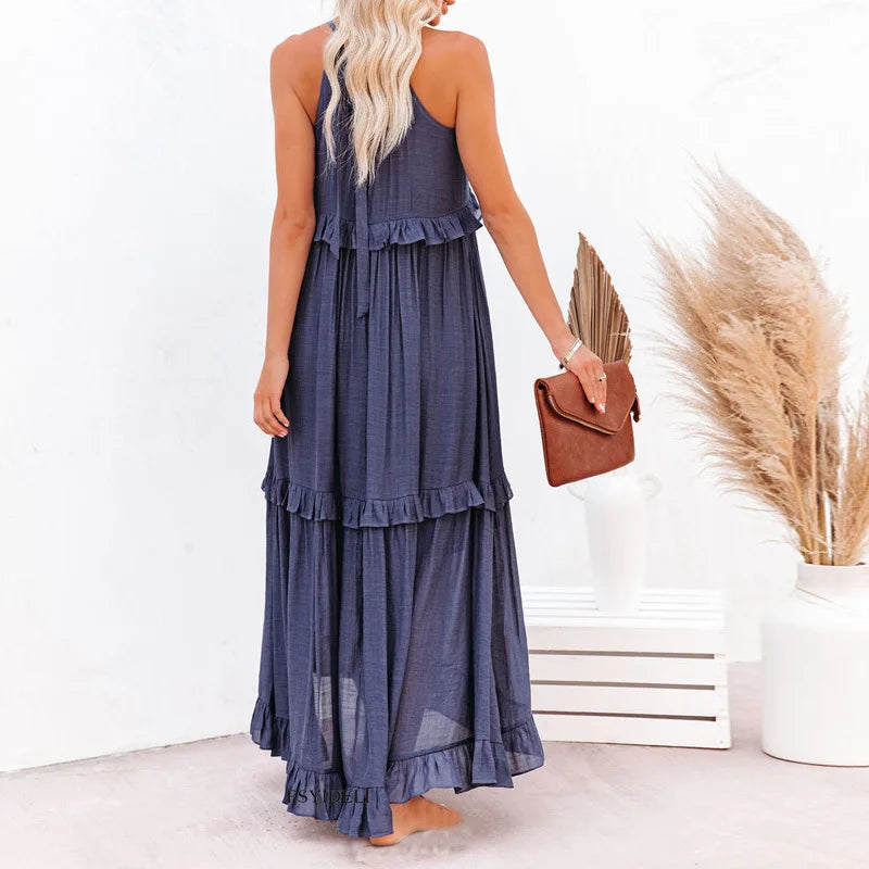 Pauline Laurent® | Robe longue volantée à col licou