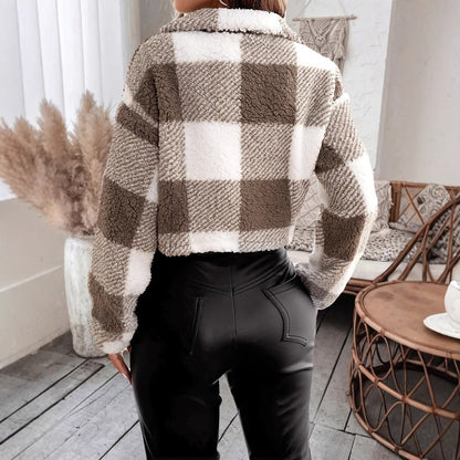 Veste Courte en Polaire Teddy Douillette à Motif à Carreaux