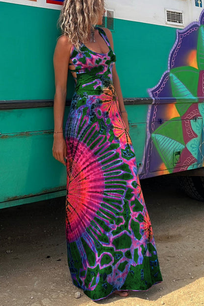 Junaria™ - Robe maxi avec imprimé tie-dye, lacée à l'arrière, extensible (avec soutien-gorge intégré)
