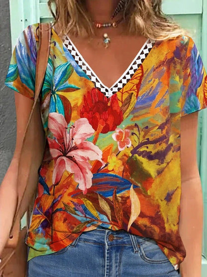 T-shirt décontracté à manches courtes, en dentelle