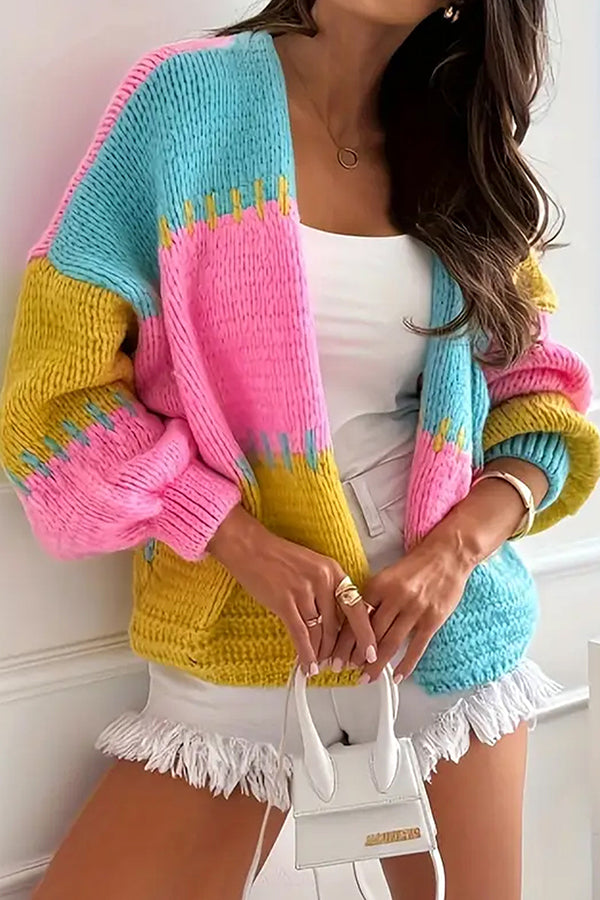 Cardigan Tricoté Décontracté Confortable avec Détail de Couture Contrastante