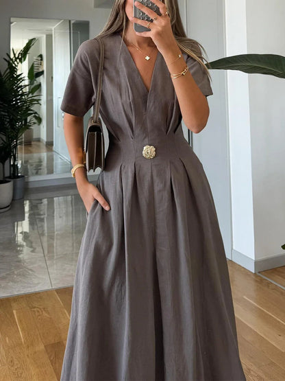 Robe décontractée en coton et lin à col en V et taille haute