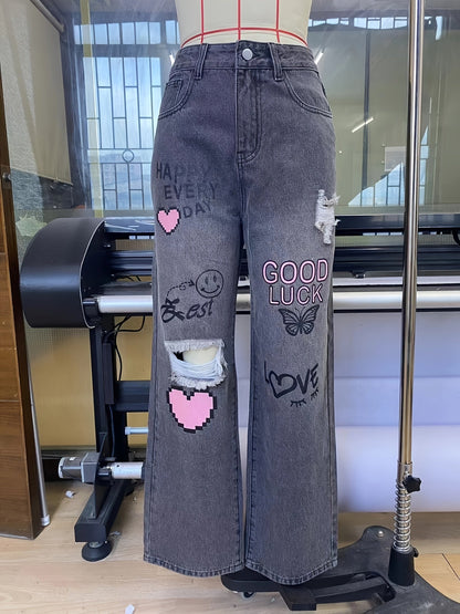 Jean en denim imprimé graphique taille haute à jambes larges