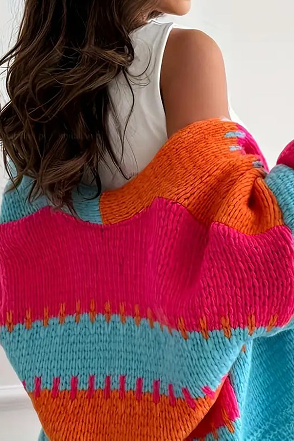 Cardigan Tricoté Décontracté Confortable avec Détail de Couture Contrastante