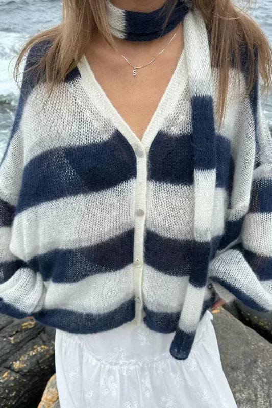Cardigan Ouvert en Maille à Rayures Confortable avec Col V