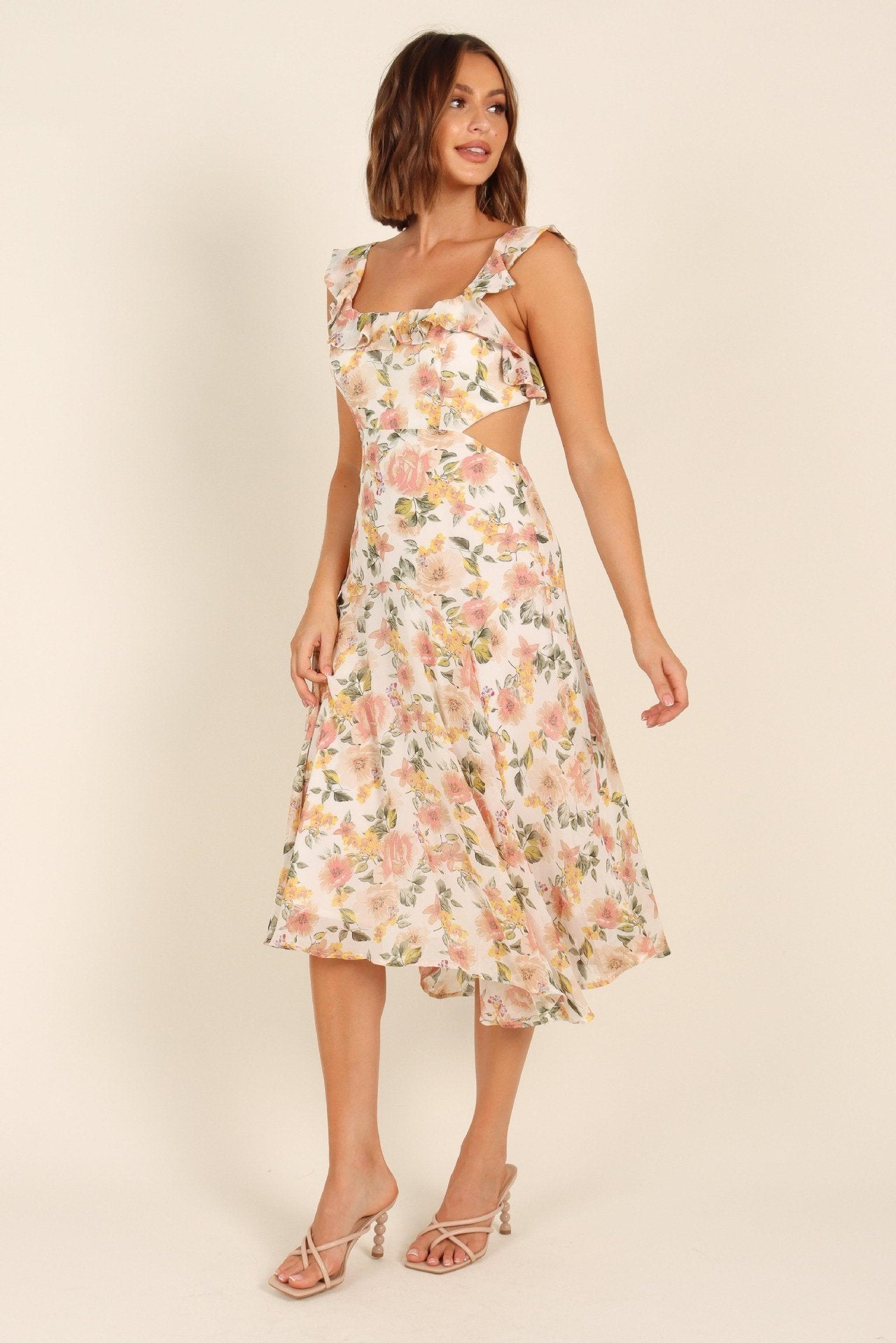 Pauline Laurent® | Robe midi évasée à volants noués
