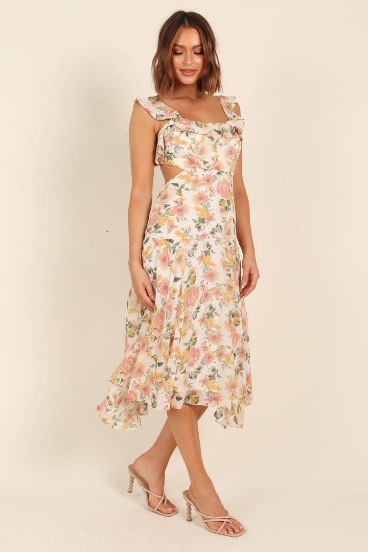 Pauline Laurent® | Robe midi évasée à volants noués