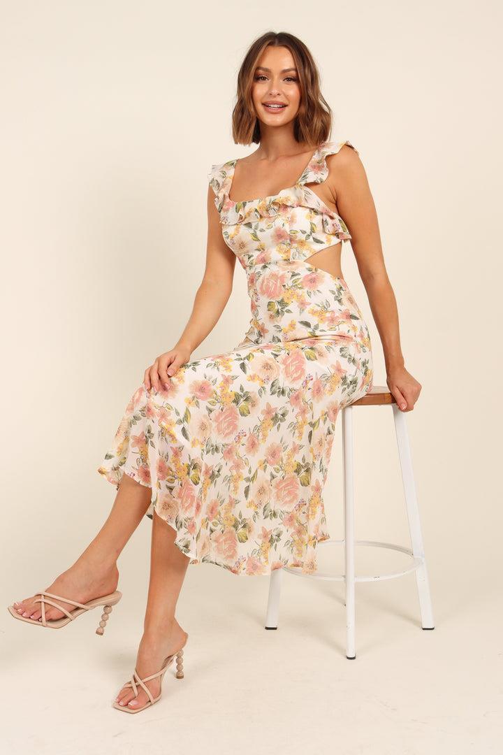 Pauline Laurent® | Robe midi évasée à volants noués