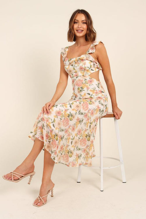 Pauline Laurent® | Robe midi évasée à volants noués